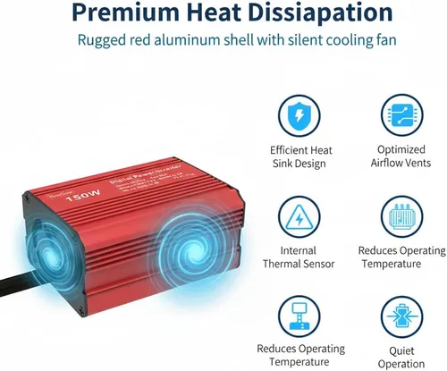 Vista 5 de Inversor de corriente de coche rojo de 150W, convertidor de 12V DC a 110V AC, adaptador de enchufe de vehículo con cargador de coche USB dual