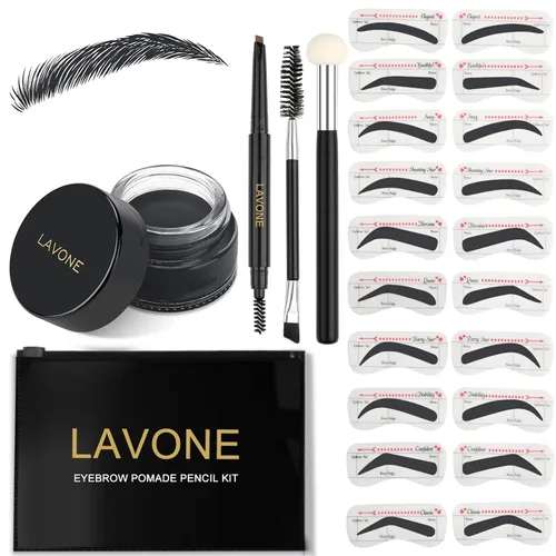 Vista 13 de LAVONE Kit de plantillas para cejas, trío de sellos para cejas con lápiz impermeable, pomada, 20 plantillas, cepillo de doble punta y aplicador