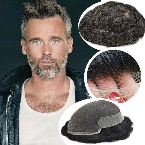 Vista 17 de Toupee para hombres sistemas de reemplazo de piel sintética con encaje suizo para hombre, nudos blanqueados, línea capilar natural para hombres