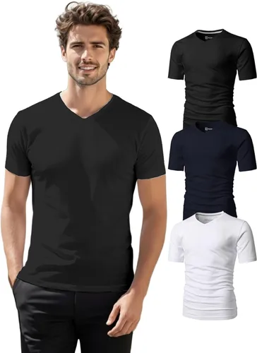 Vista 16 de H2H Camisetas para hombre - Pack de varias unidades, diseño simple, manga corta, ajuste delgado, mezcla de algodón (cuello en V/cuello redondo)