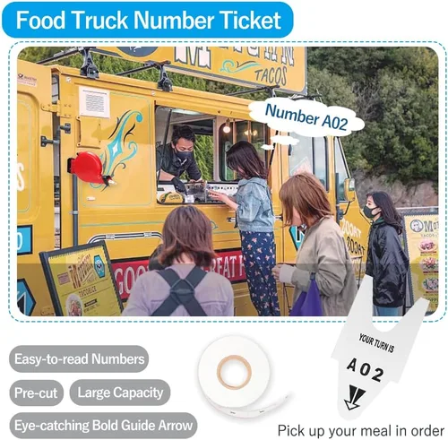 Vista 4 de Tickets Take-a-Number para clientes que esperan – 1 rollo, A00-E99, 3000 boletos – Rollo de número de cola para mostrador de delicatessen, comida