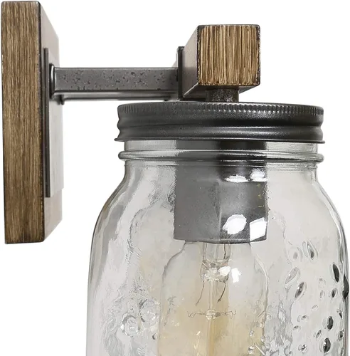 Vista 7 de LOG BARN Lámpara de tocador de baño rústica con vidrio Mason Jar Glass, apliques de pared de 4 luces, acabado de madera sintética, 29 pulgadas