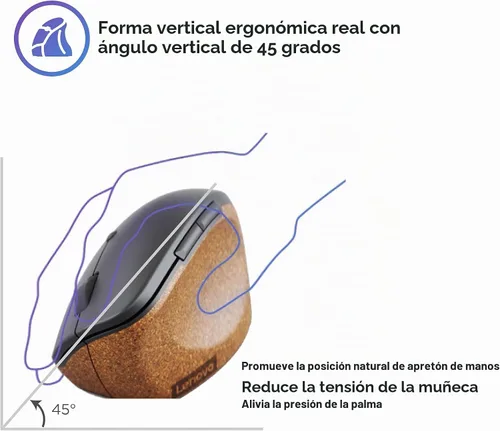 Vista 4 de Lenovo Go - Ratón vertical inalámbrico para computadora - Ecológico, agarre ergonómico de 45 grados, para diestros, botones programables – Receptor