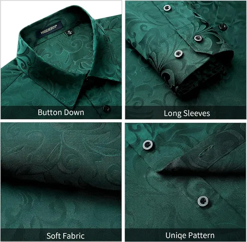 Vista 5 de HISDERN Camisas de vestir de satén brillante para hombre, de lujo, floral, jacquard, de manga larga, a la moda, para bodas, fiestas, bailes