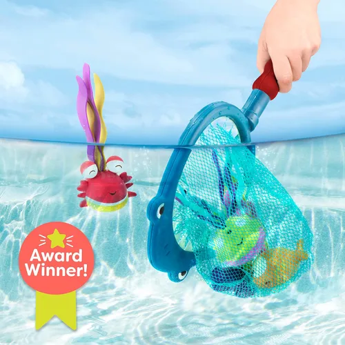 Vista 2 de B toys by Battat - Juguetes para piscina de animales marinos; incluye 1 red con forma de tiburón y 4 juguetes de agua para niños mayores de 3 años
