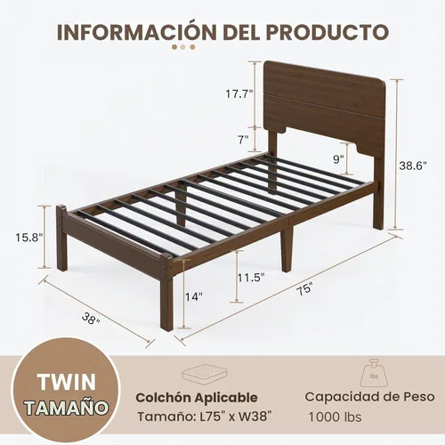 Vista 2 de Marco de cama individual de madera de bambú maciza de 14 pulgadas de alto con cabecero, soporte de listones de metal resistente, fácil montaje,
