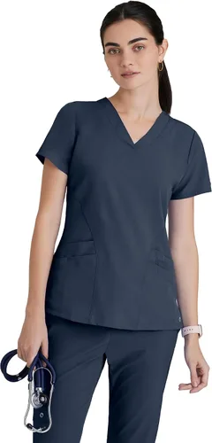 Vista 9 de BARCO ONE - Camiseta médica con cuello en V y 5 bolsillos, elástico de 4 vías, para mujer Índigo (Azul marino)
