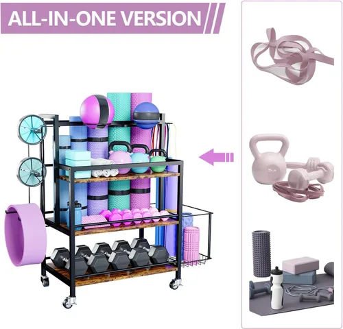 Vista 2 de EasyCom Almacenamiento de gimnasio en casa, estante de gran capacidad de 4 niveles para mancuernas, rodillos de espuma, correa de esterilla de yoga