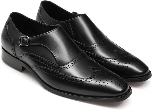 Vista 7 de FRASOICUS Zapatos de vestir para hombre, de cuero genuino, correa de monje, zapatos formales con punta de ala, mocasín sin cordones