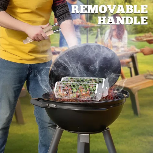 Vista 5 de Ivtivfu - Cesta de parrilla enrollable, mango de madera removible, acero inoxidable 304, herramientas de parrilla anidadas, accesorios para barbacoa