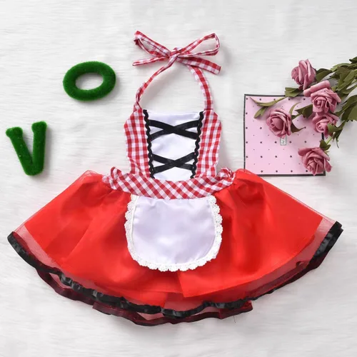 Vista 3 de Disfraz de Caperucita Roja para bebé, 2 piezas, delantal de sirvienta, capa de capa, disfraz de fiesta de Navidad