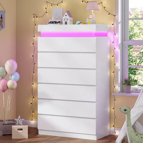 Vista 9 de HAUOMS Cómoda alta de 6 cajones con luz LED, cómoda moderna negra para dormitorio, armarios con cajones para sala de estar, entrada, pasillo