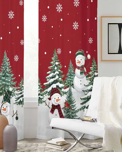 Vista 3 de Cortinas traslúcidas de muñeco de nieve de Navidad de 84 pulgadas de largo, juego de 2 paneles de cortinas para cocina, dormitorio, sala de estar