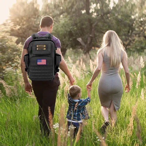 Vista 8 de SHARKMOUTH - Bolsa de pañales para papá para hombre, mochila militar para bebé con parches para senderismo, viajes, viajes de campamento, regalos
