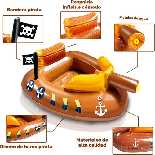 Vista 5 de Flotadores inflables de piscina de barco pirata para niños de 3 a 11 años con cañón de agua, juguetes de piscina, flotadores de fiesta para niños