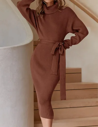 Vista 79 de ZESICA - Vestido por debajo de la rodilla de suéter, de cuello alto, para mujer, de manga larga, de punto acanalado, con abertura y cinturón