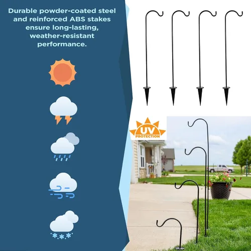 Vista 11 de Ganchos de pastor para exteriores, juego de 4 postes de jardín ajustables para comederos de pájaros, linternas solares, campanillas de viento Negro