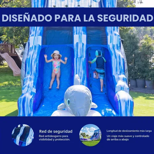 Vista 3 de HeroKiddo - Tobogán acuático inflable comercial de delfín de 16 pies con soplador