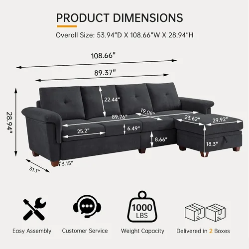 Vista 2 de Sofá Seccional Convertible, Sofá en Forma de L de 4 Asientos con Almacenamiento, Respaldo Alto y Portavasos, Sofás Modernos de Tela de Microfibra