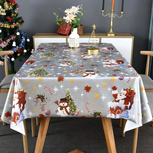 Vista 6 de TruDelve Mantel de Navidad de Plástico Rectangular de Vinilo Plateado Mantel de Mesa de Navidad Oblongo Cubierta de Mesa de Navidad con Muñeco