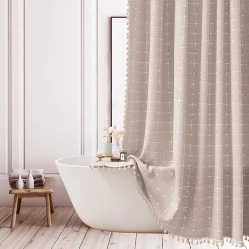 Vista 9 de Cortina de ducha de tela de estilo granja con rayas negras, cortina de baño bohemia de patchwork de gingham, cortina de baño rústica y elegante