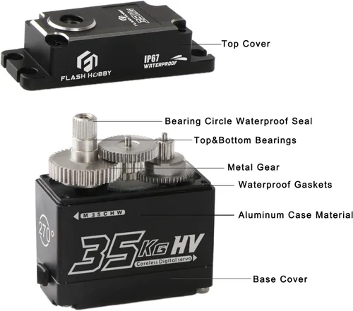 Vista 3 de FLASH HOBBY Servo sin núcleo de 77.2 lbs de alto par de torsión servo de engranaje de metal completo, IP67 resistente al agua servo RC con ángulo