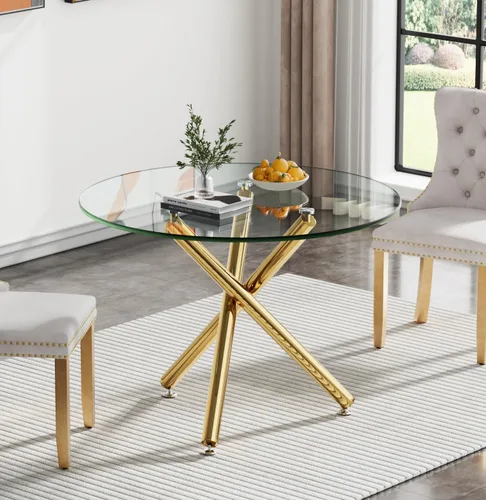 Vista 7 de Mesa de comedor redonda de vidrio de 36 pulgadas para 2-4 personas, patas de metal negro resistentes, mesa de cocina redonda de vidrio