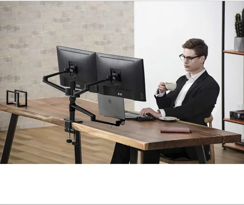 Vista 2 de Soporte de monitor para laptop de altura ajustable, compatible con portátiles de 13 a 17.3 pulgadas, capacidad para 2 monitores de 11 a 27 pulgadas