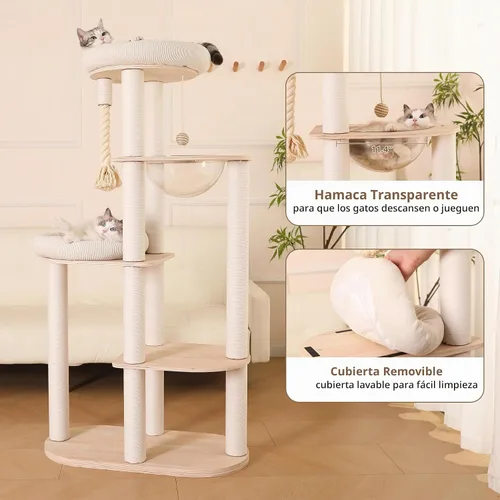 Vista 3 de Árbol moderno para gatos de 59 pulgadas, torre grande de varios niveles, árbol de madera resistente para gatos con hamaca, poste rascador de algodón