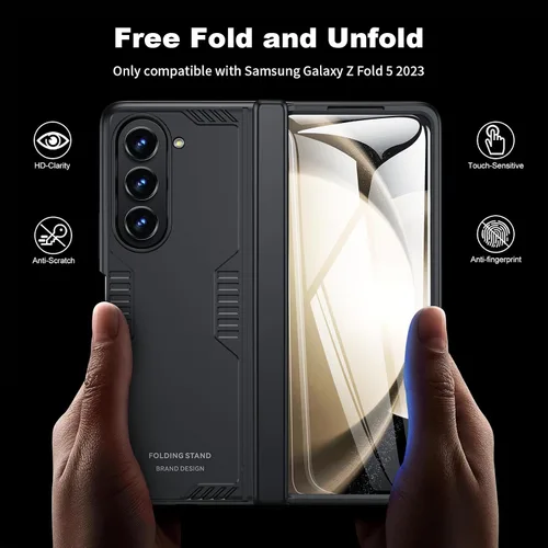 Vista 2 de Funda para Samsung Z-Fold-5: [Soporte oculto] [Carga inalámbrica] Funda delgada con protección de bisagra ligera con protector de pantalla - Funda