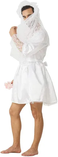 Vista 2 de Divertido disfraz de novia blanco para hombre, vestido de novia novedoso, vestido de novia para hombre, vestido elegante de ciervo, despedida