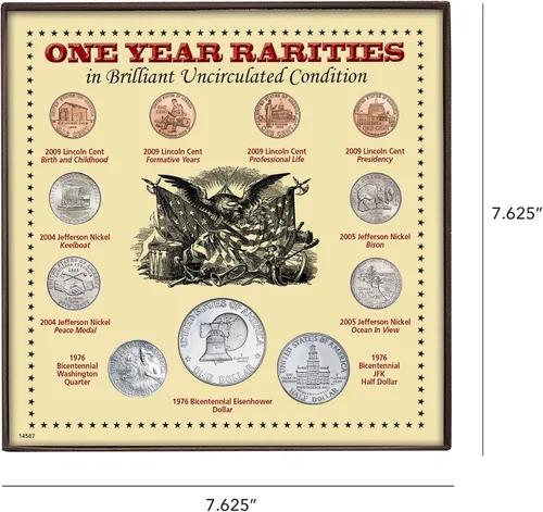 Vista 4 de One Year Rarities Eleven Coin Display Boxed Set: Raras, Brillant Uncirculated US Coins One Year Minted! 1976 Bicen Eisenhower Dollar + JFK $.50