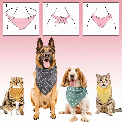 Vista 4 de SATINIOR 8 bandanas para perro, diseño de lunares a cuadros, bandana triangular, bufanda suave, lavable, ajustable, accesorios para gatos pequeños