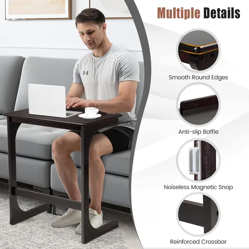 Vista 5 de Mesa auxiliar de bambú para sofá, mesa de TV ajustable en forma de C con mesa ajustable de 7 ángulos y tapón, escritorio portátil para computadora
