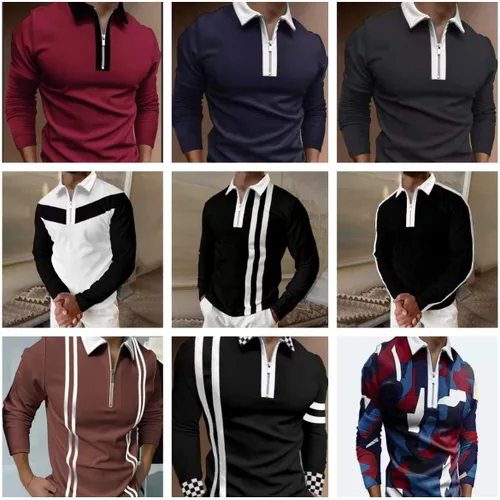 Vista 2 de Men's Fashion Polo Shirts Casual V Neck Long Sleeve Zip Golf Shirts MuscleBusiness Color Block Tops
