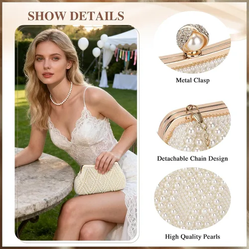 Vista 6 de UBORSE Bolso de mano de perlas para mujer, bolso de noche con cuentas de cristal noble para boda, con cadena de perlas