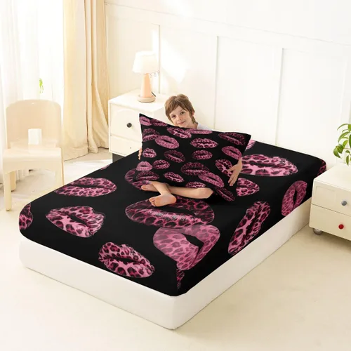 Vista 4 de Feelyou Leopard Print Lips Fitted Sheet Twin Size for Kids Boys Girls Cheetah Print Bed Sheets Set 16" Deep Pocket Soft Breathable Microfiber