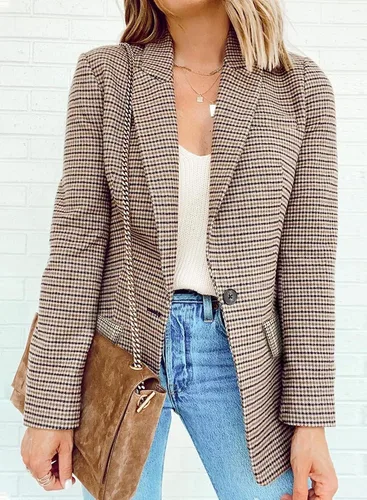 Vista 2 de Asvivid Blazer casual con solapa de muesca retro con un botón a cuadros de manga larga para empresa oficina chaqueta de trabajo con frente abierto