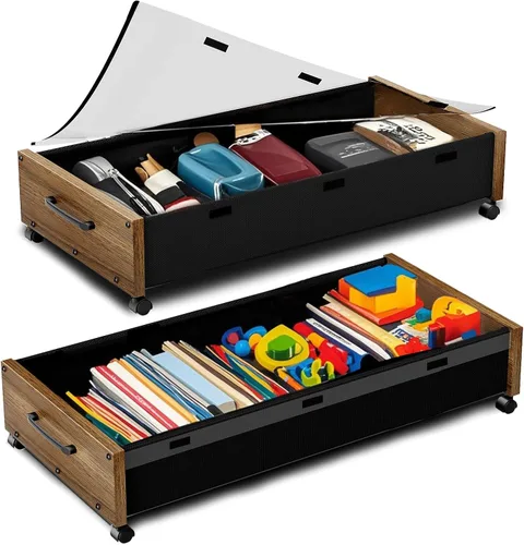 Vista 18 de KITHELP Almacenamiento de madera debajo de la cama con ruedas, contenedores de almacenamiento rodantes debajo de la cama con tapa extraíble, cajones