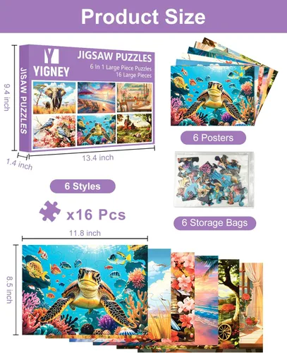 Vista 2 de Yigney Paquete de 6 rompecabezas de 16 piezas grandes para personas mayores Alzheimer, producto para actividades de demencia de ancianos, juego