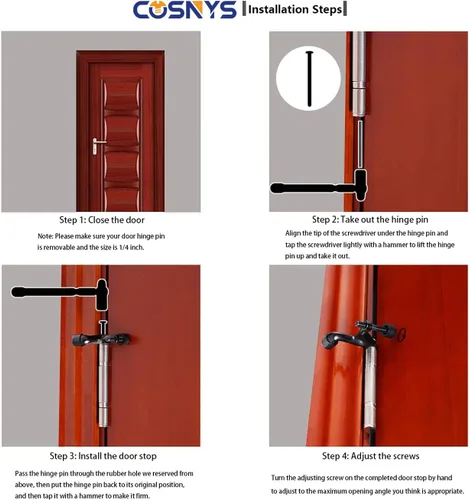 Vista 7 de Paquete de 2 topes de puerta con pasador de bisagra, ajustable y resistente de níquel cepillado de 2-3/8 x 15/16, práctico tapón de puerta