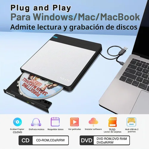 Vista 3 de Unidad de CD externa para computadora portátil: reproductor de DVD para Mac y Windows Plug & Play