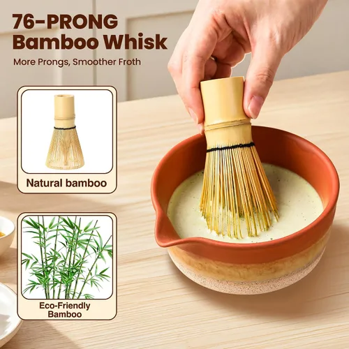 Vista 5 de Juego de batidor Matcha con cuenco de cerámica de 18 onzas, kit de matcha de 7 piezas con batidor de bambú de 100 puntas, tamiz de acero inoxidable