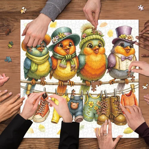 Vista 7 de Rompecabezas de 1000 piezas para la familia de pájaros lindos para adultos, coloridos pájaros con sombreros y bufandas, rompecabezas de animales