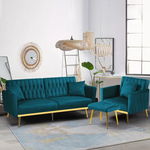 Vista 40 de 2 Pieces Velvet Chairs w/Adjustable Backrest & Ottoman, Baby Blue Azul bebé