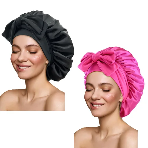 Vista 9 de Gorro de satén de seda para dormir con banda de amarre y tiras ajustables, para mujeres con cabello rizado y trenzado, color negro, tamaño grande