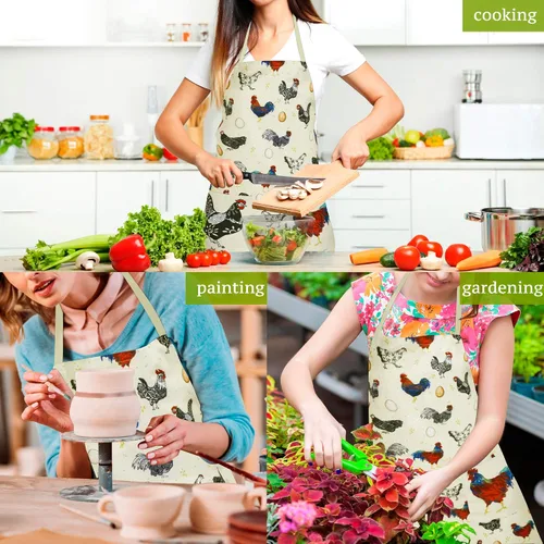 Vista 6 de RosieLily Delantal de gallo lindo delantal de pollo para mujer, color beige con bolsillos para cocinar, hornear, jardinería, regalos