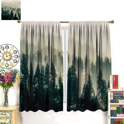 Vista 2 de Cortina de bosque neblinoso, bosque verde brumoso, paisaje natural, pino, alerce, niebla, montaña, oscurecimiento de habitación, puerta, ventana