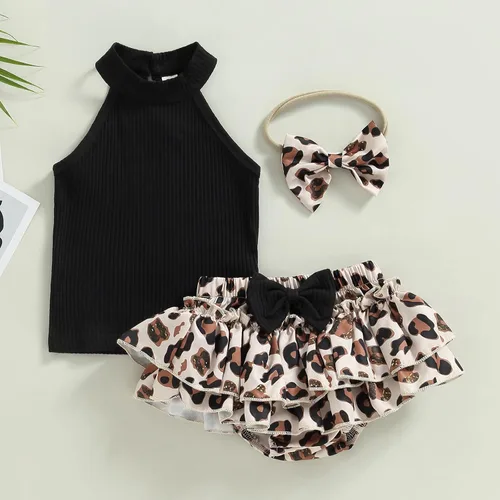 Vista 122 de TheFound Trajes de verano para niñas pequeñas, sin mangas, de punto acanalado, halter, pantalones cortos, ropa para recién nacidos, conjunto de 3