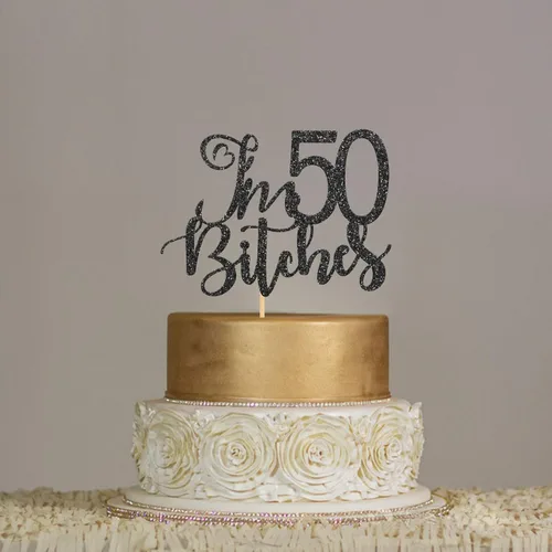 Vista 4 de Decoración para tartas con purpurina negra con texto en inglés "I'm 50 Bitches", para 50 años, para mujer o hombre, suministros para fiestas